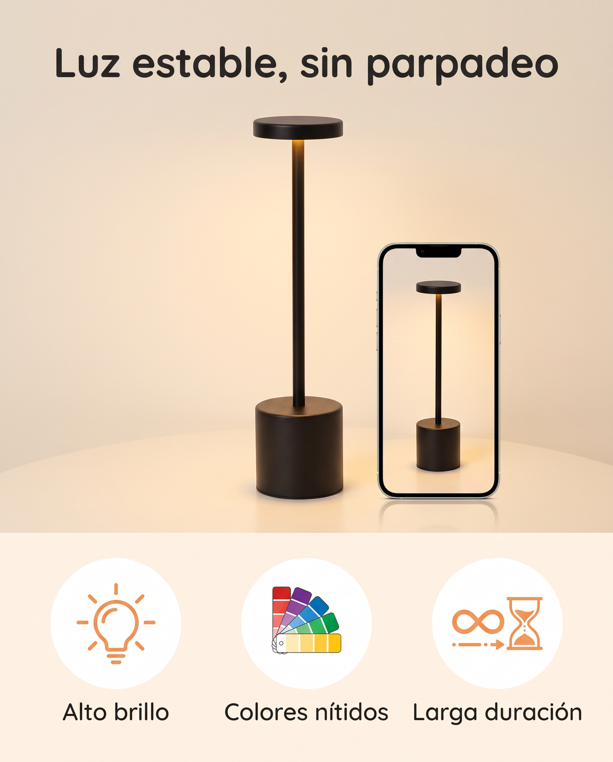 Lámpara táctil sin cables con 3 tonos de luz