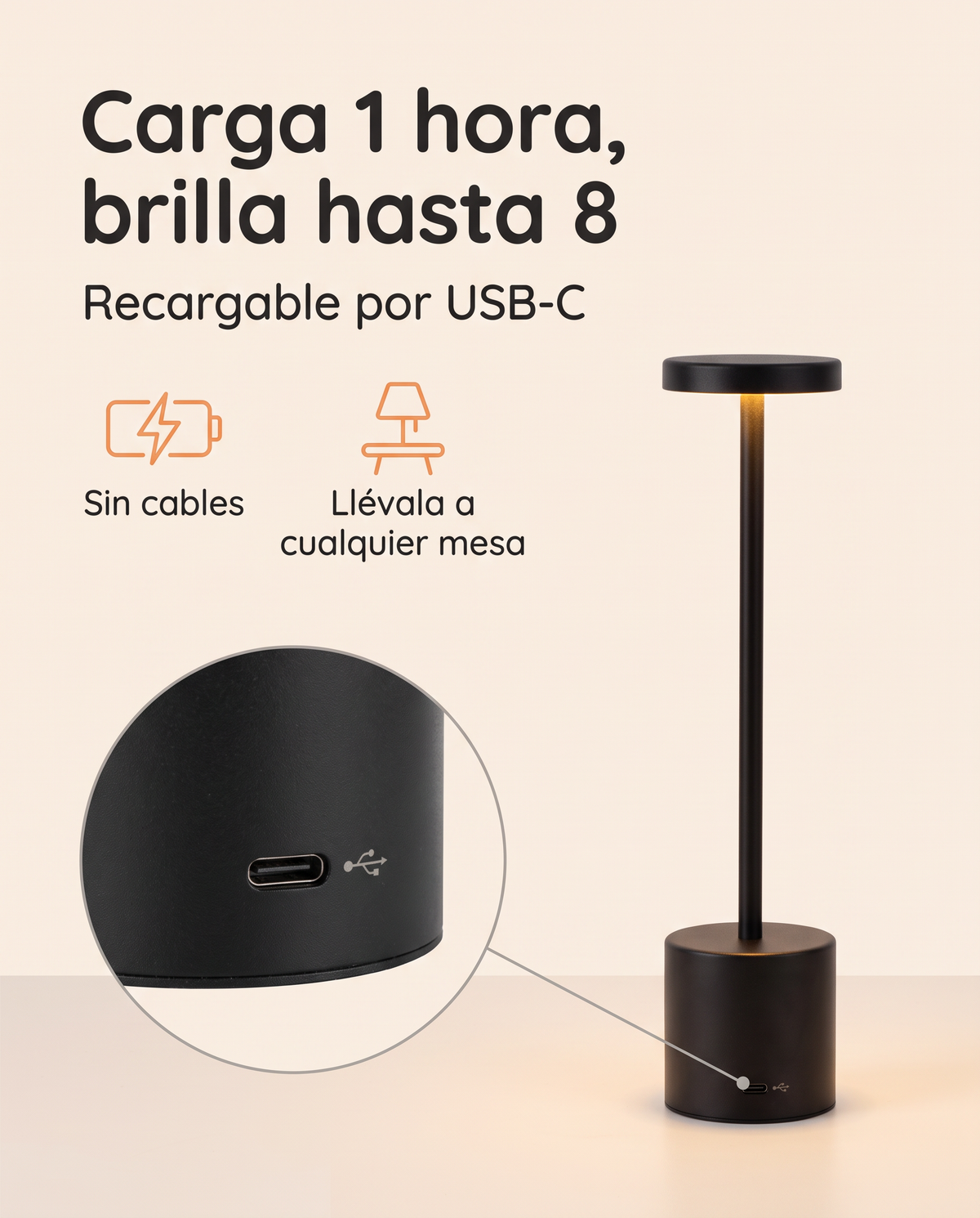 Lámpara táctil sin cables con 3 tonos de luz